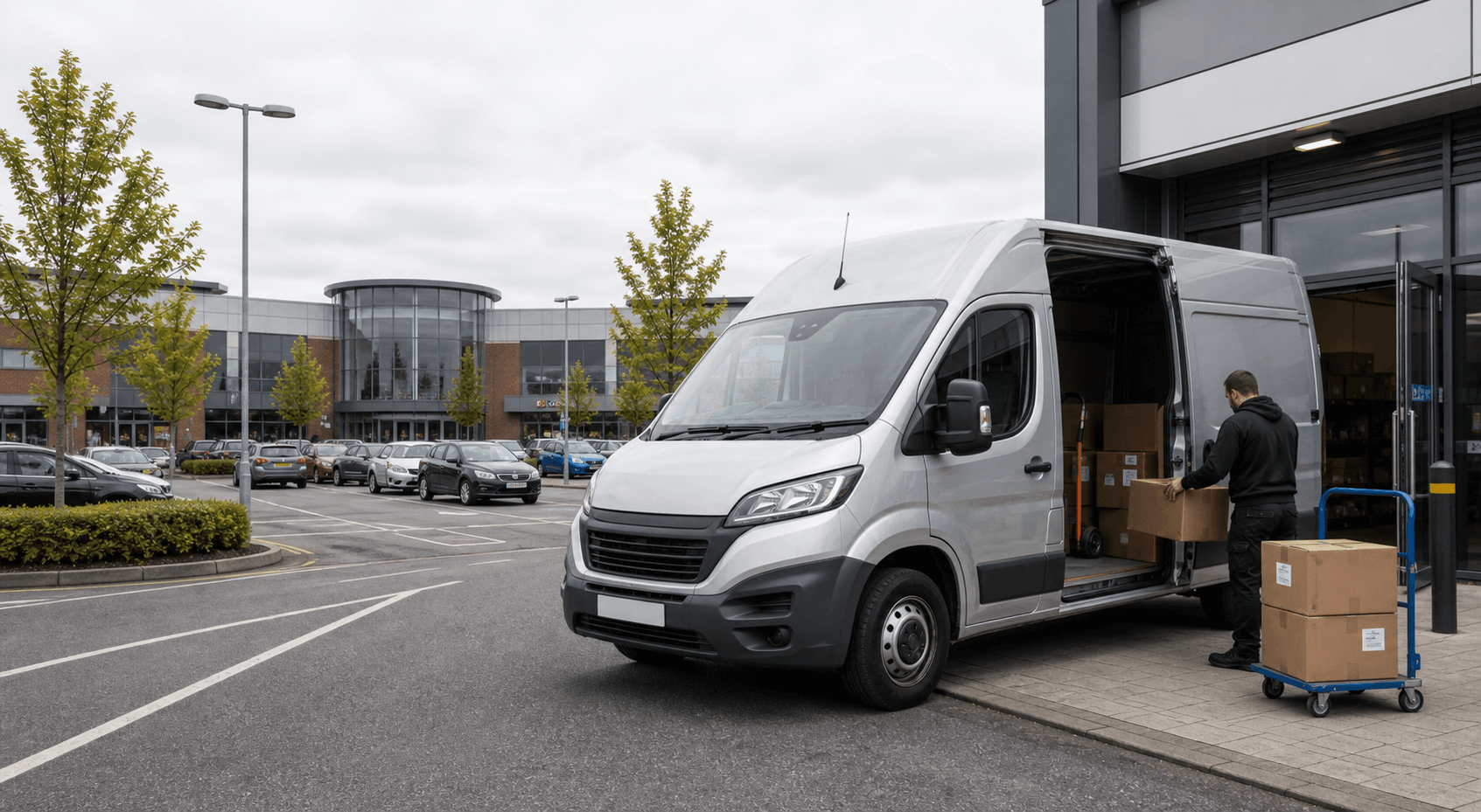 Modern self-drive rental van ready for loading in Basingstoke